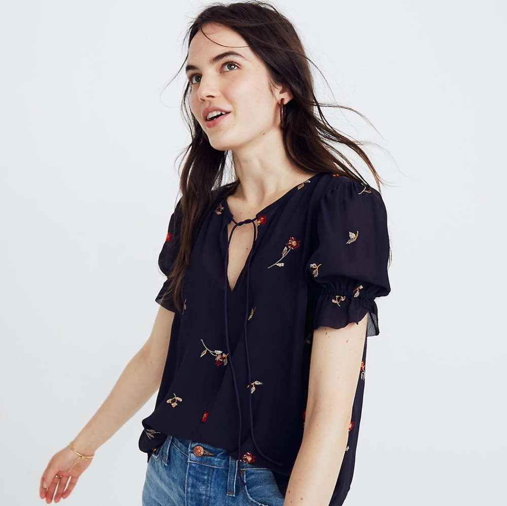 Madewell Embroidered Zephyr Ruffle - Sleeve Top